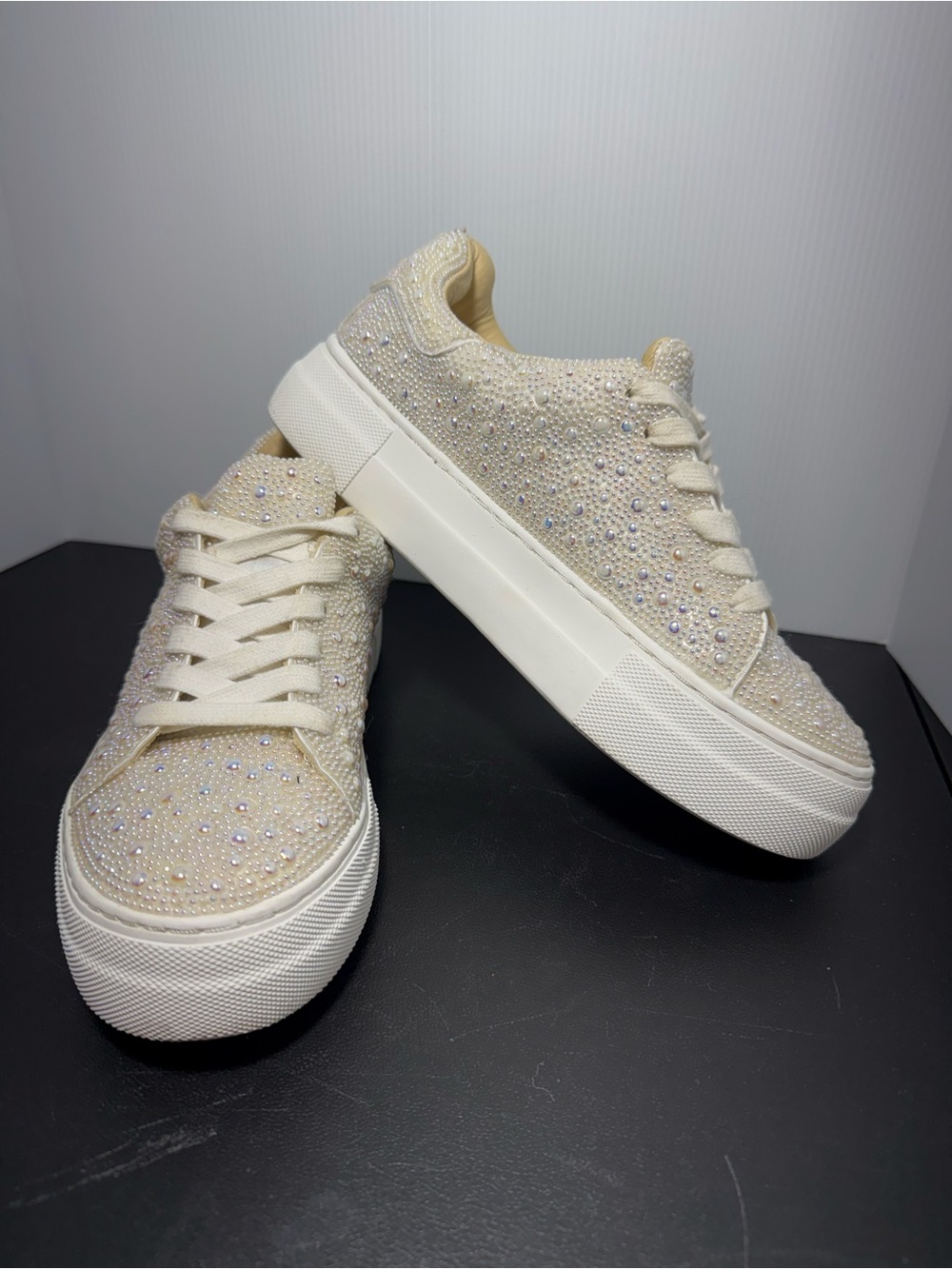 Betsey Johnson Women Pearl& Rhinestone Embellished Platform Sneakers in Cream